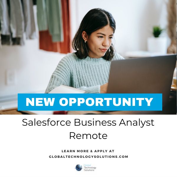 Woman applying for Salesforce Business Analyst Jobs on laptop.