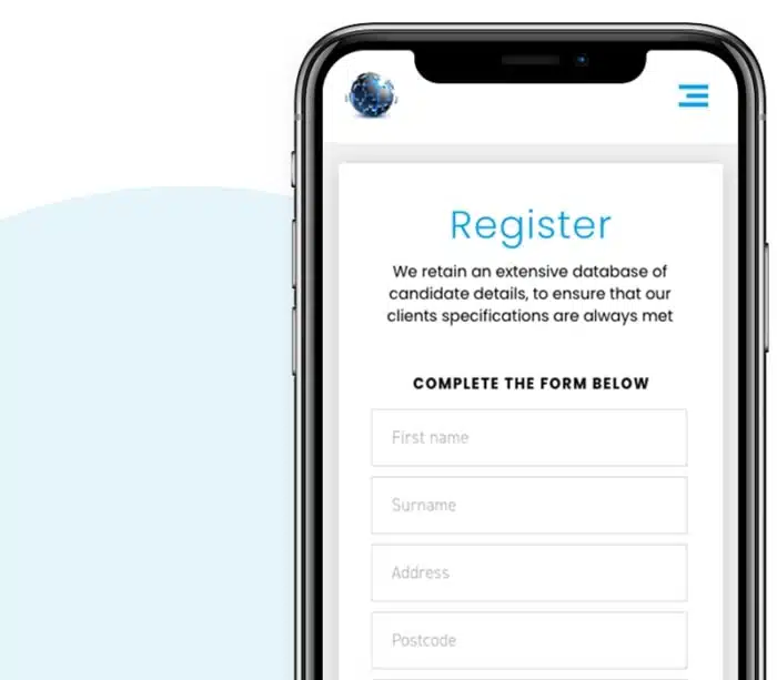 Showing the GTS Register form on a phone. Register for just IT Recruitment.